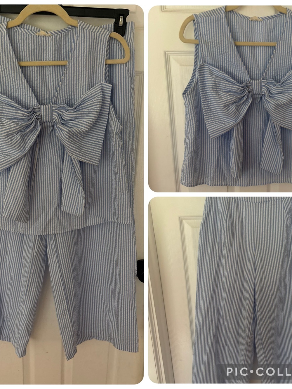 JODIFL Blue & White Striped Two-Piece Pantsuit with Front Bow